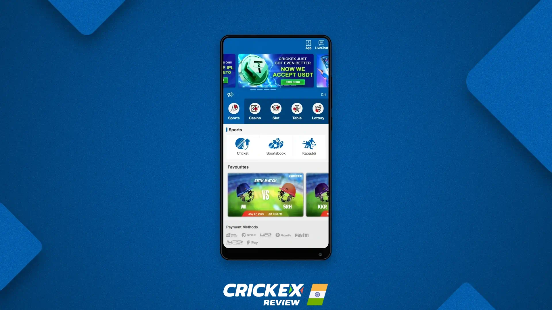 Crickex वेबसाइट के मोबाइल संस्करण का होम पेज