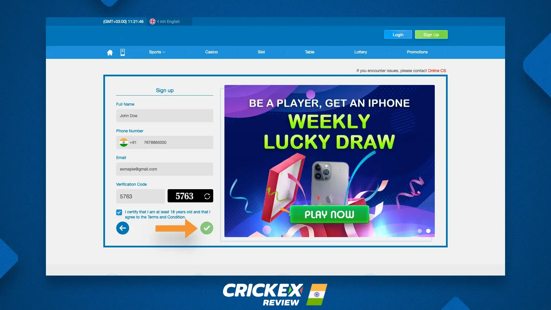 Confirmation of new customer registration on the Crickex India platform