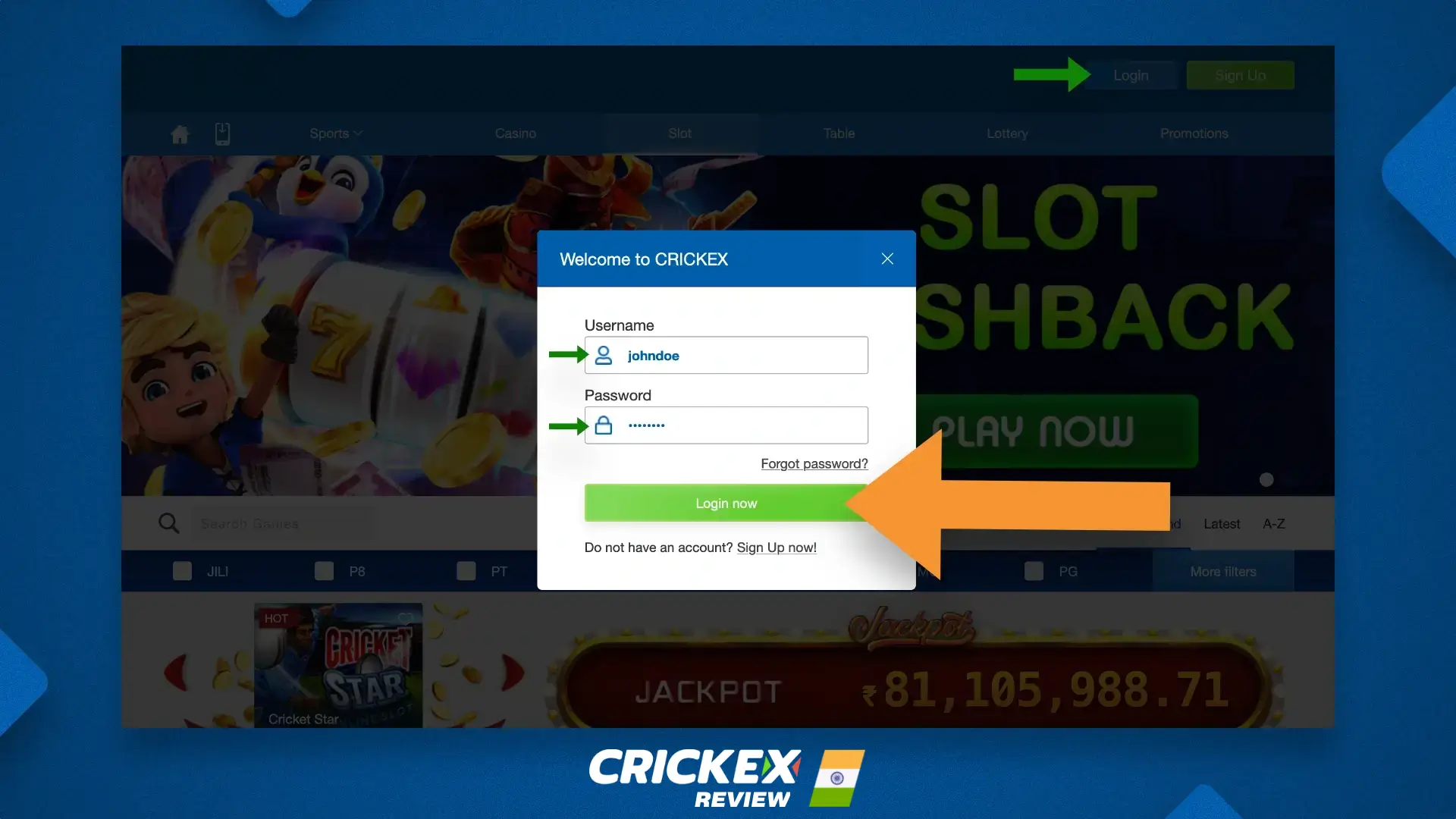 Sign in and log in to a personal account on the Crickex website