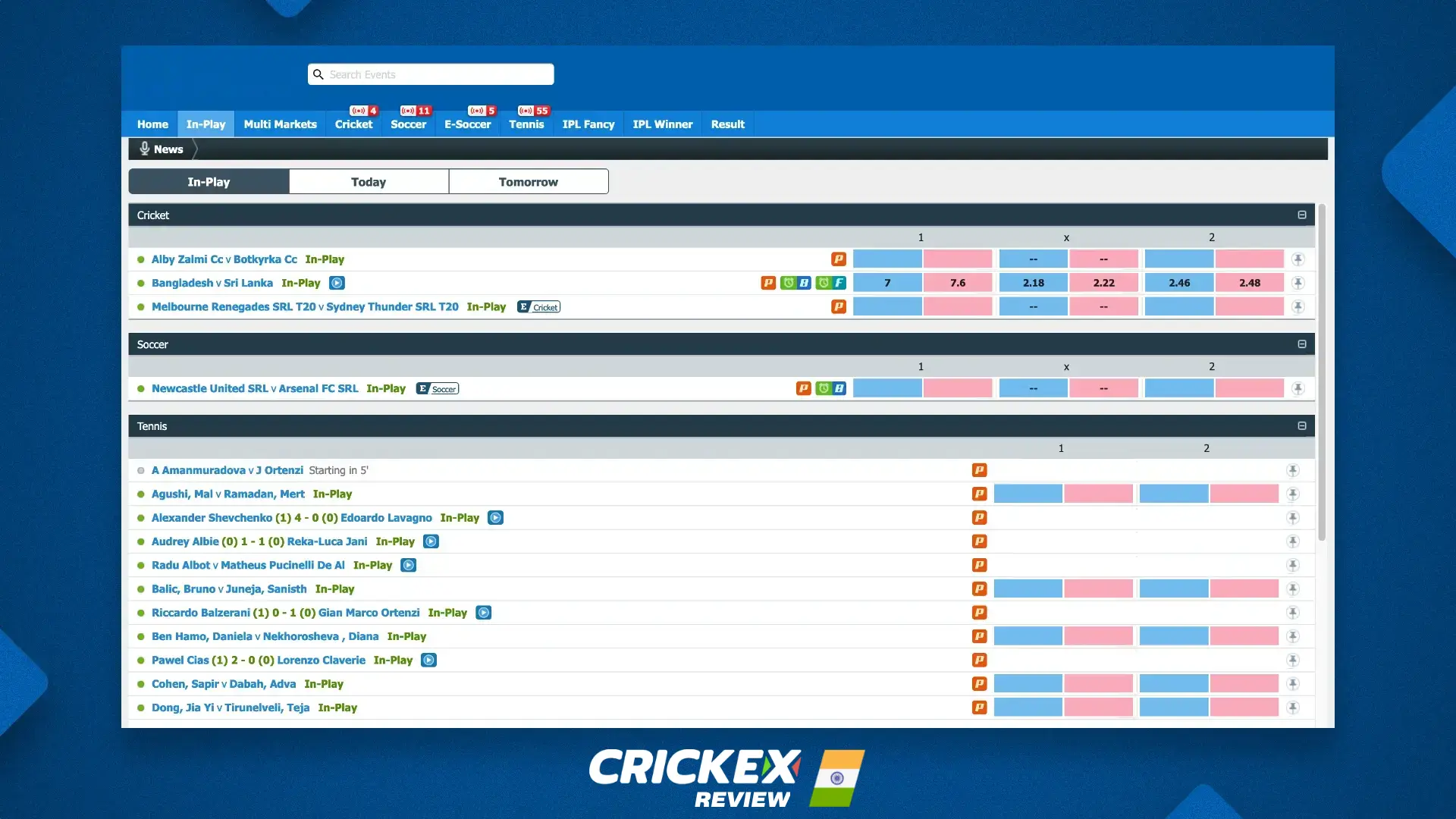 Live betting section with real time statistics at Crickex website